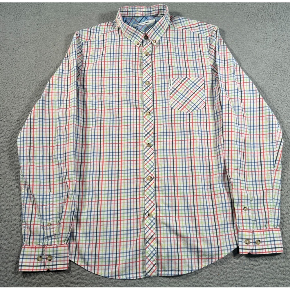 Ben Sherman Shirt Men Medium White Plaid Long Sleeve Collared Button Down Pocket